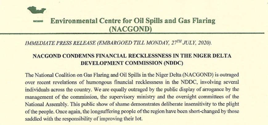 PRESS RELEASE - NACGOND CONDEMNS FINANCIAL RECKLESSNESS IN NDDC